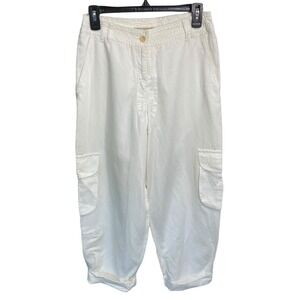 See By Chloe Wide Leg Cuffed Cargo Pants Ivory Sz 6 Lagenlook Barrel Linen Blend